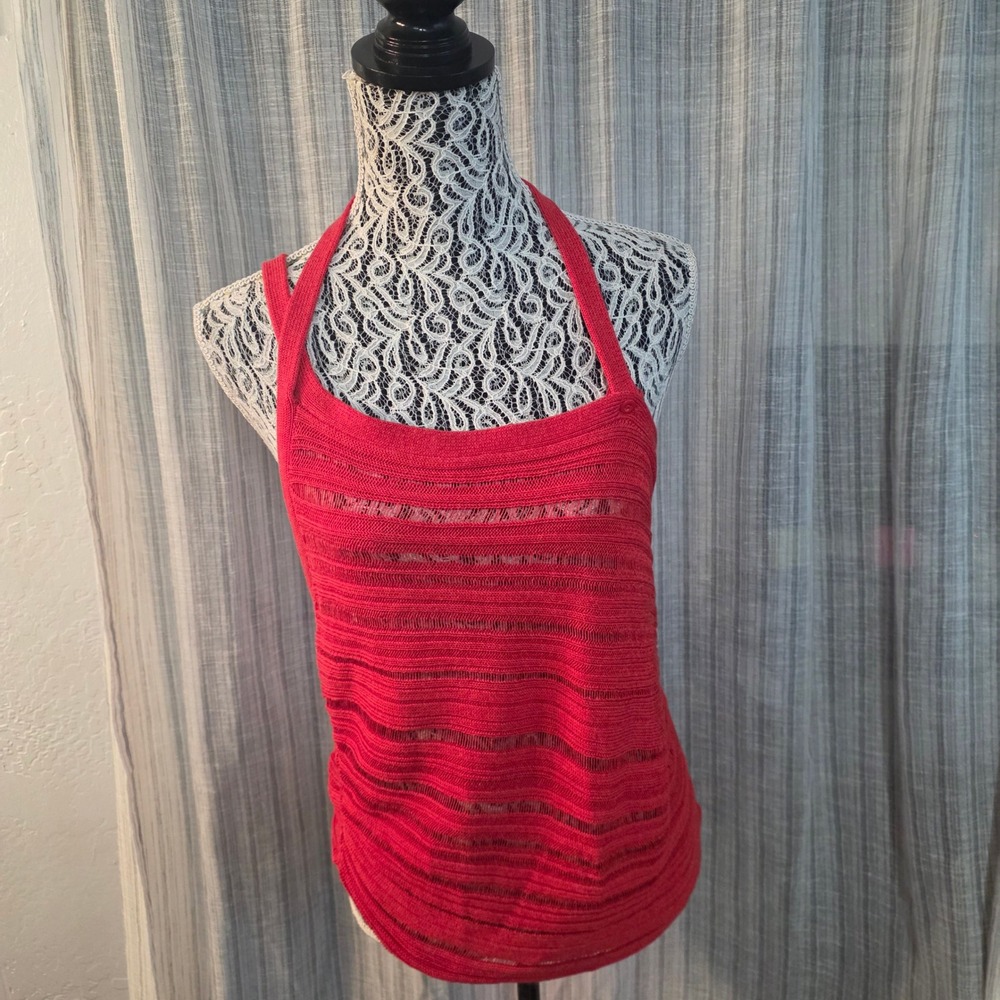 Anthropologie Halter Tank Top Womens Large Red Open Knit Crochet Boho Sleeveless